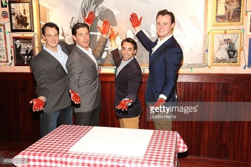 Matt Bogart, Richard H. Blake, Joseph Leo Bwarie and Quinn VanAntwerp of the cast of Broadway's 'Jersey Boys' visit Buca di Beppo Times Square on April 7, 2015 in New York City. (Photo by Dustin Harris/Getty Images)