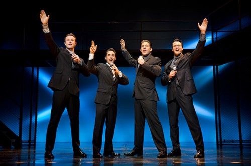 Quinn VanAntwerp, Joseph Leo Bwarie, Richard H. Blake, and Matt Bogart star in Broadway's long-running Jersey Boys. (© Joan Marcus)
