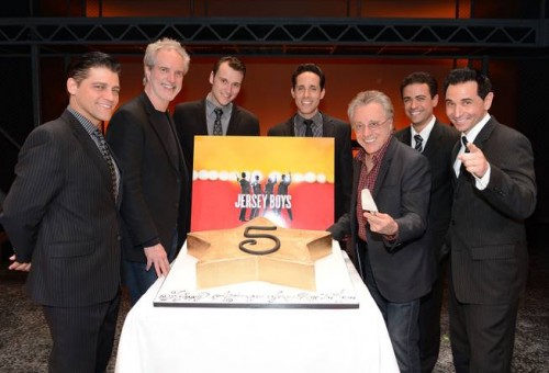 Deven May, Bob Gaudio, Rob Marnell, Jeff Leibow, Frankie Valli, Graham Fenton and Travis Cloer celebrate the fifth anniversary of “Jersey Boys” in Las Vegas on Thursday, March 21, 2013 (Photo Credit: Denise Truscello)